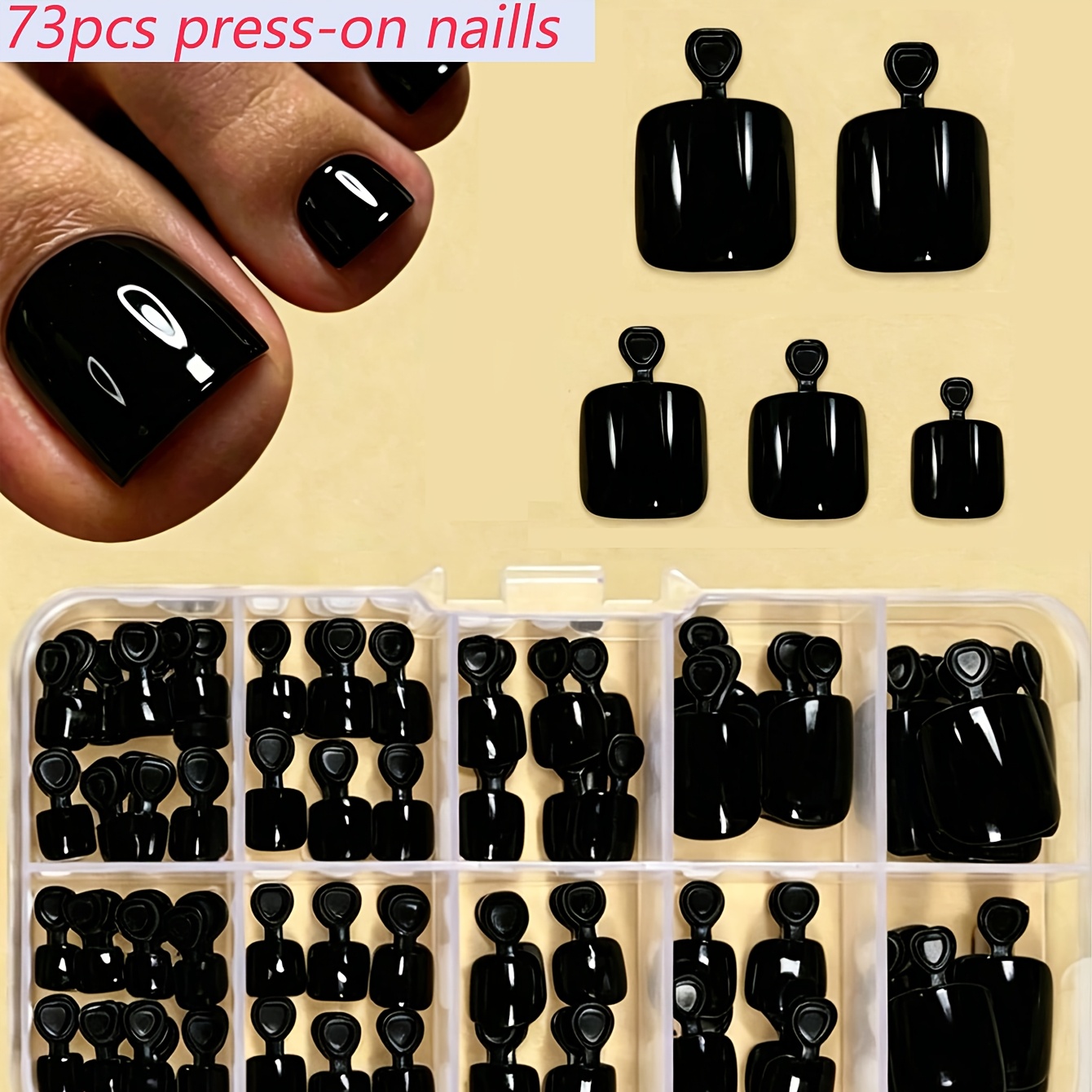 TEMU 72 stuks Easy Short Square Nagel Pressing Zwart Volledige Nep Teennagel Set Zomer Strand Nagelkunst Herbruikbare Teennagel Tip Geschikt voor