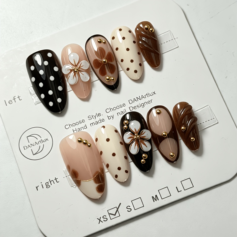 TEMU 10pcs Medium Long Almond Press-on Nails Polka 3d Ombre Flower Brown Wave Pattern Golden Bead Accent Vintage Elegant Glossy Full Cover Reusable