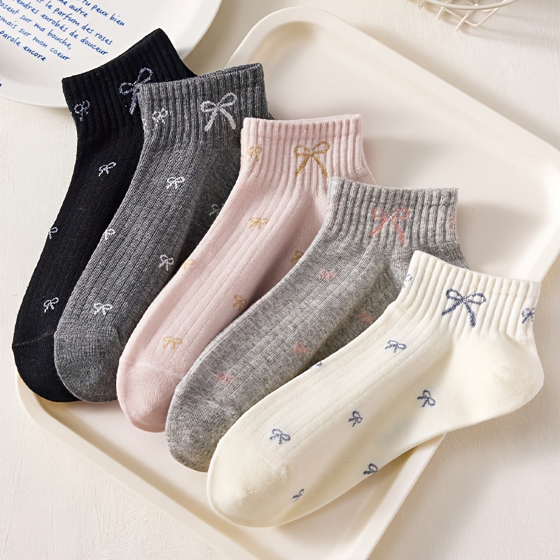 5 Pairs Kids Spring/summer Bowknot Crew Socks, Back To School, Suitable For Outdoor
