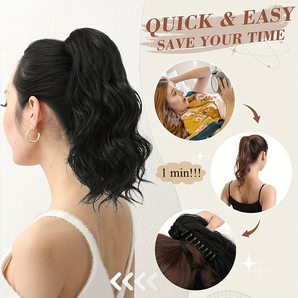 synthetic hair extension clip for ponytail with 14 inch short wavy curls for women details 2