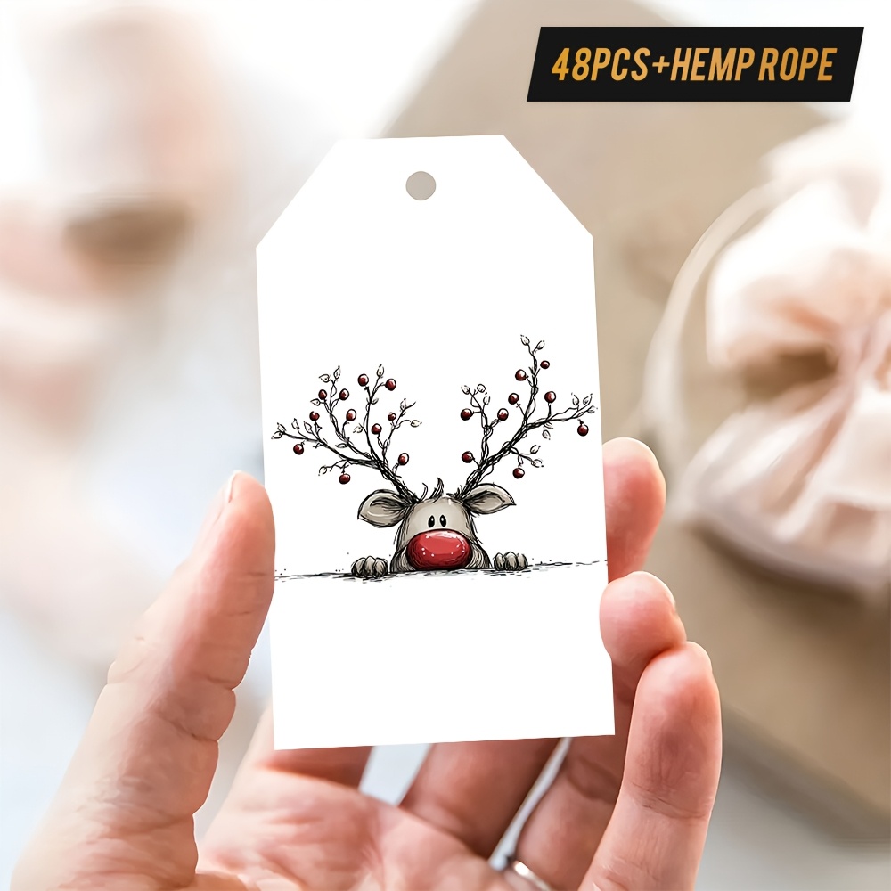 TEMU 48-pack Hand-painted Reindeer Gift Tags, Simple Red- Elk Christmas Gift Hang Tags, Merry Christmas String-attached Gift Box Decorative Tags,