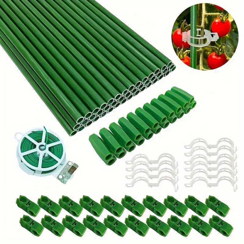 

Garden Trellis Kit - 97/197 Piece Set, Diy Plant Support Stakes, Fiberglass Sturdy Plant Cage For Climbing Plants, Tomatoes, Vegetables & Flowers - Green Plastic Connectors And Clips Included