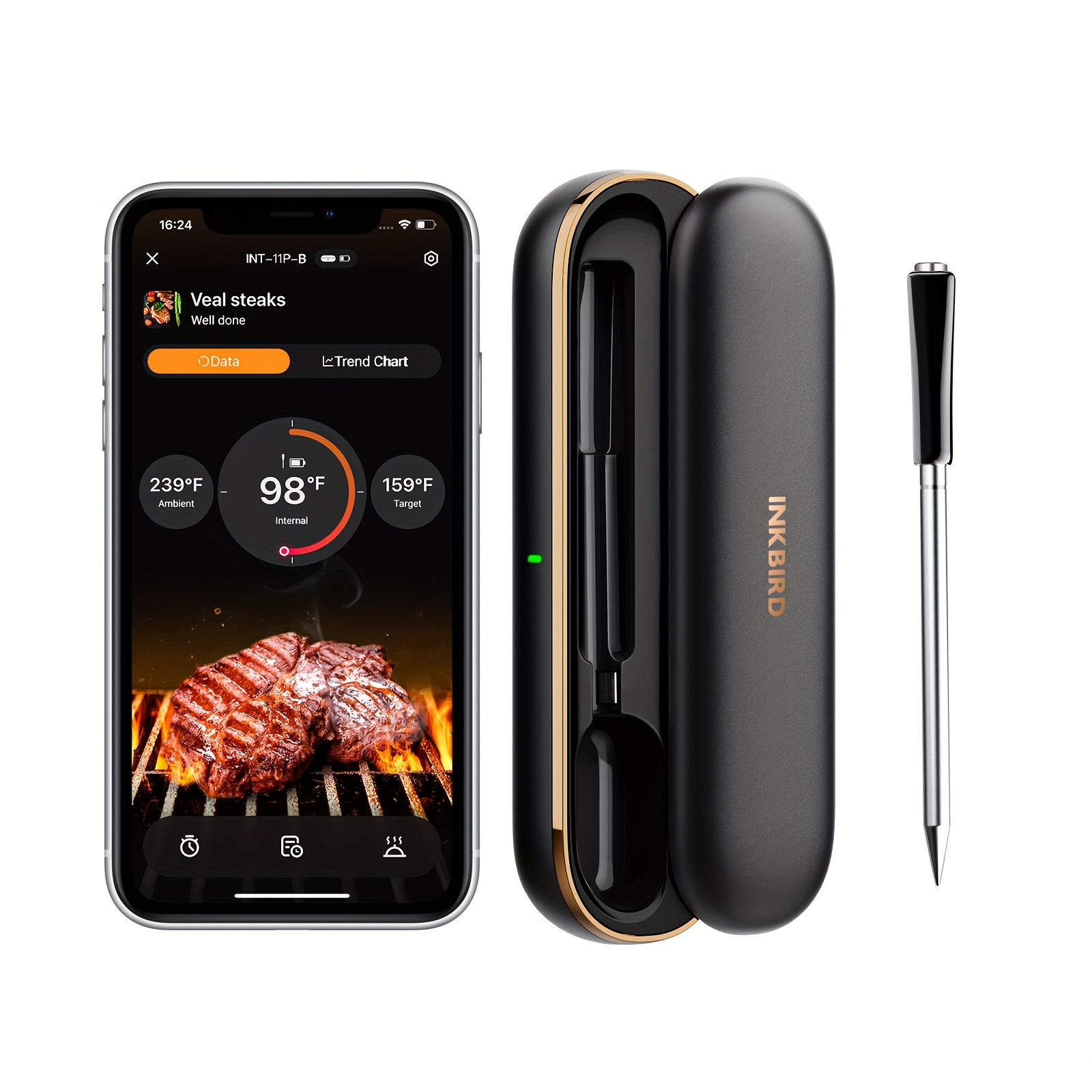 TEMU 300ft/91m Bbq Thermometer, Wireless Meat Thermometer, Food Grade Stainless Steel Probe, Dual Sensors, 26 Meat Menus, Temperature Alert,