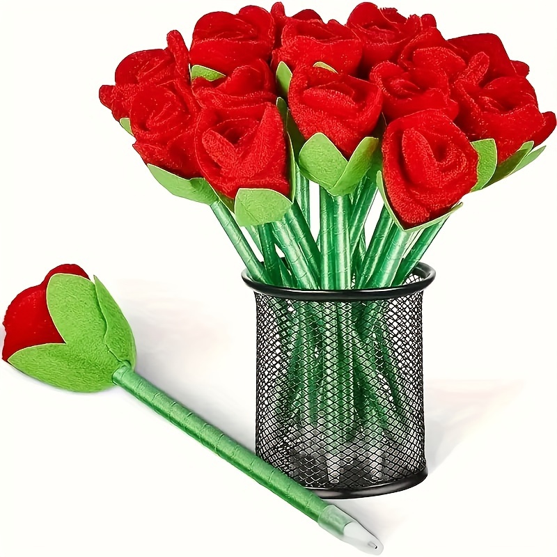 

10pcs Plush Rose Ballpoint Pens - Weddings, Birthdays, Graduations & Office Supplies - Red/green, 8.66", For Graduation, Valentine, Return School