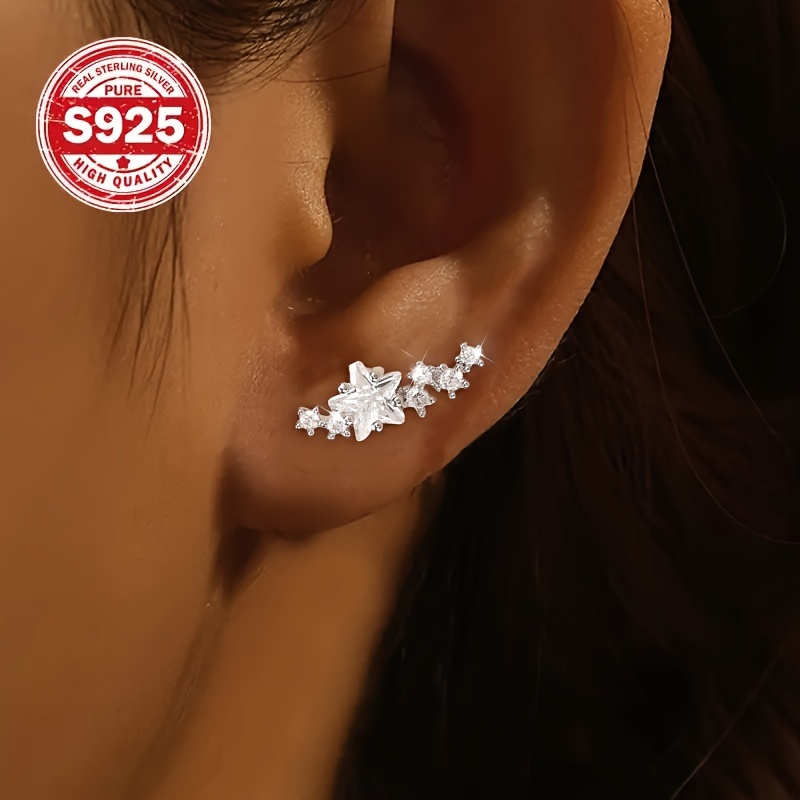 

1 Pair Sterling Silver 925 Zirconia Star Climber Earrings, Cute & Luxurious Ear Jewelry For Women