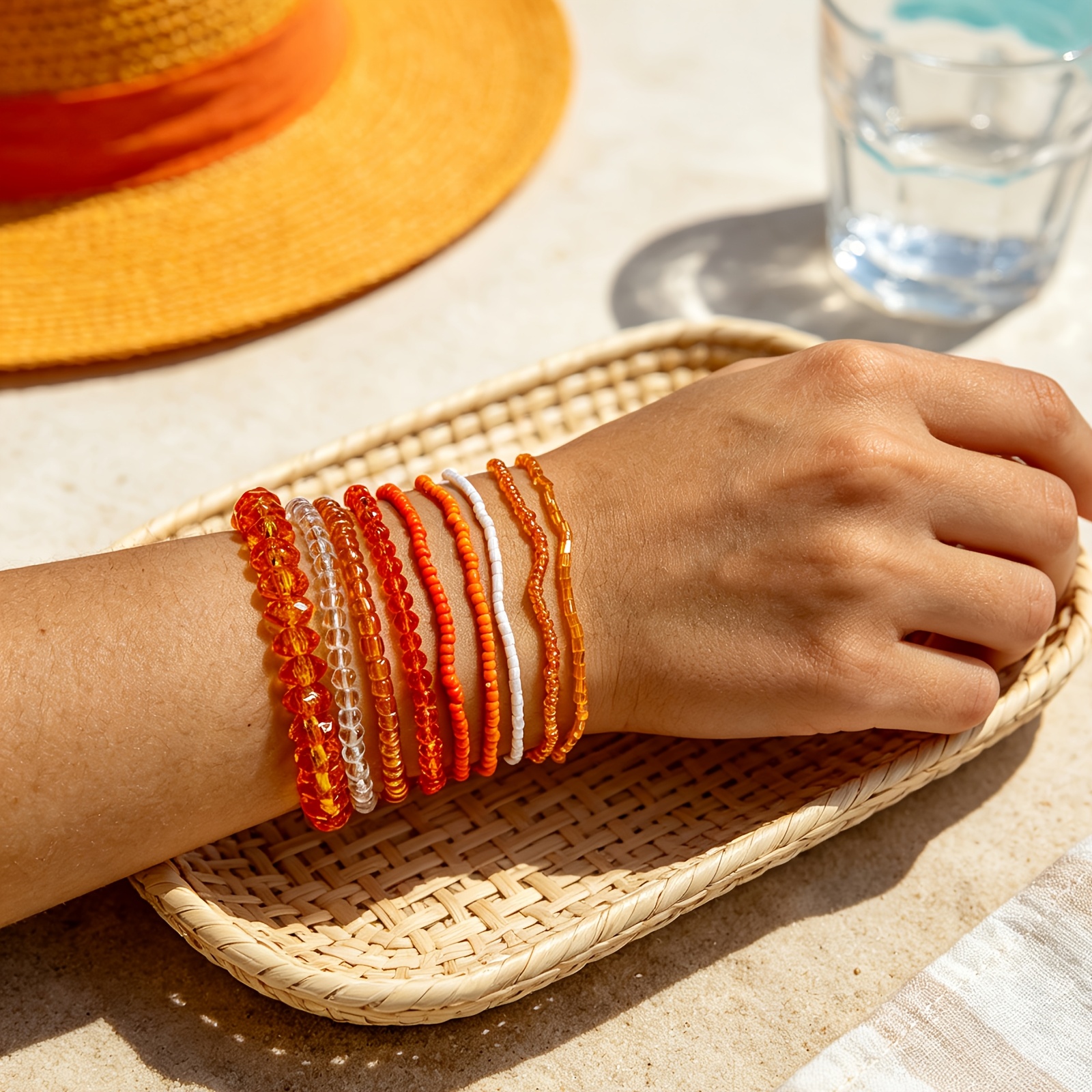 9pcs Unisex Boho Y2K Glass Bead Elastic Stackable Bracelets