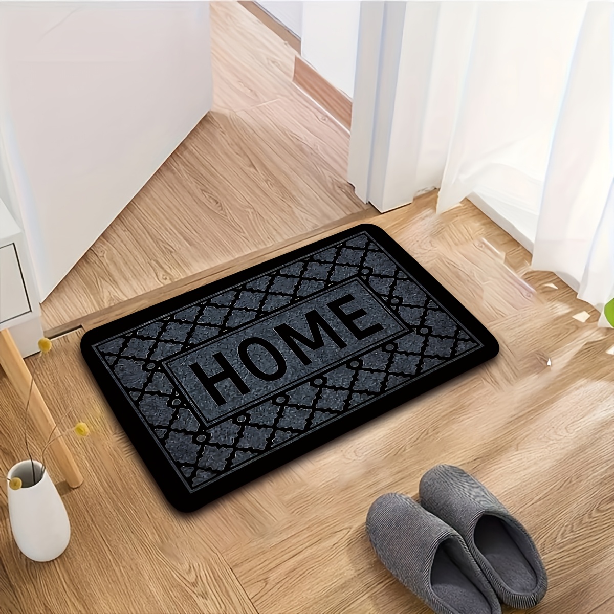 TEMU 1pc Anti-slip Flannel Mat, Black Striped "home" Design - Perfect For Entryway, Kitchen, Bathroom, Living Room, Bedroom - Durable Fiber, Machine