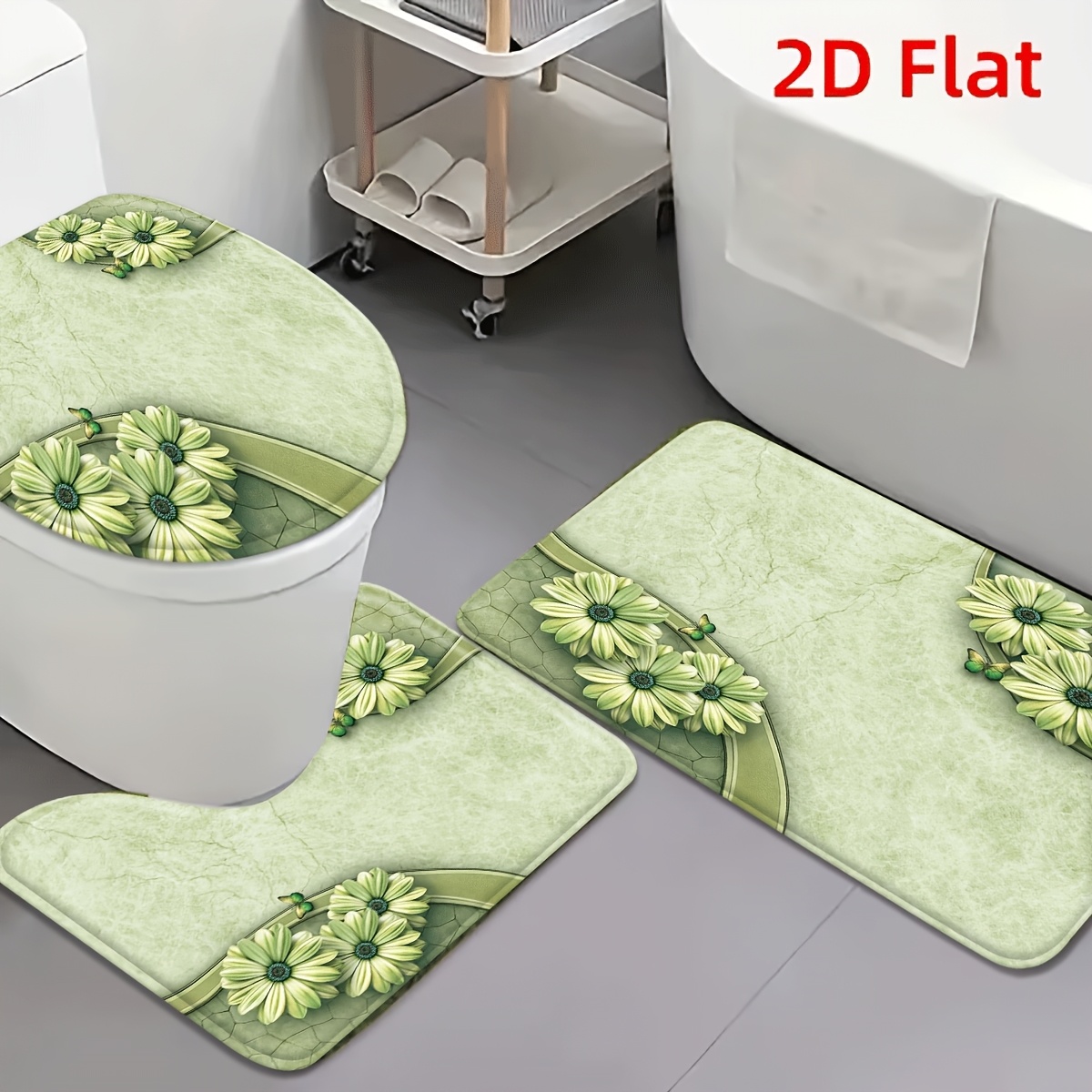 TEMU 2d Flat 3pcs Green Daisy Floral Flannel Non-slip Toilet Mat Set Soft Absorbent Bath Rug For Bathroom, Entrance, Bedroom, Living Room â Decor