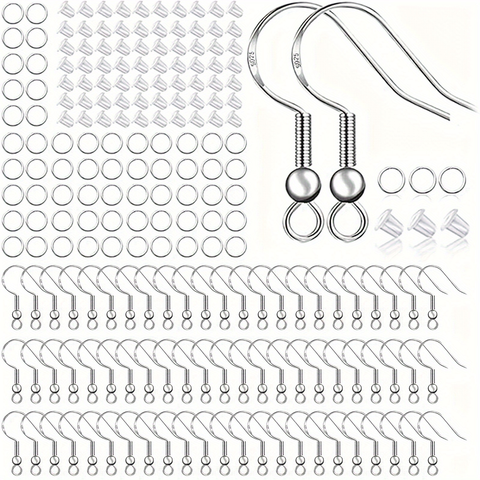 

Un kit pour des boucles d'oreilles contenant 400 pièces, y paires de fils d'oreille plaqués argent 925, anneaux de saut embouts de silicone transparents.