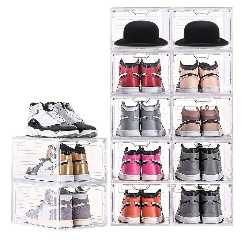 

12pcs Solid Plastic Storage Organizer, Storage Cabinet With Magnetic Front Door, Clear Plastic Stackable Hat Shoe Rack, For Closet Shoe Display Case, Ideal Home Supplies