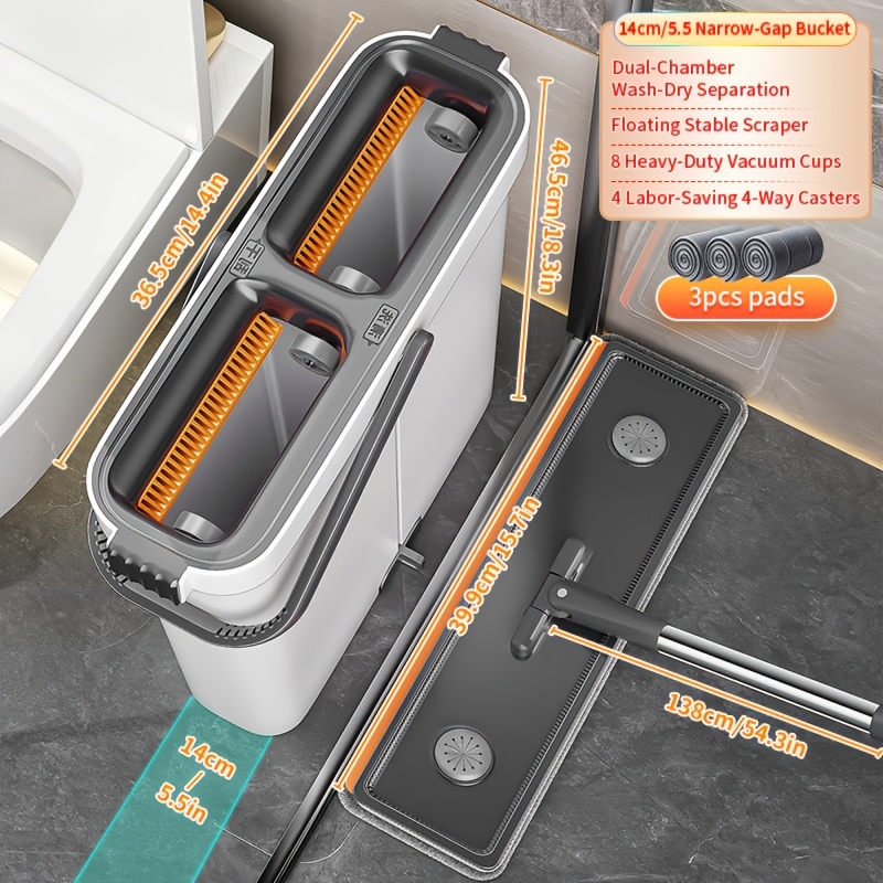 Image of Joybos Flat Mop And Bucket Set, Slim , Wringing Cleaning System, Dual Chamber Design, 47.2"/ 54.3" Stainless Steel Handle, Use, Self-cleaning Mop System For Home Cleaning
