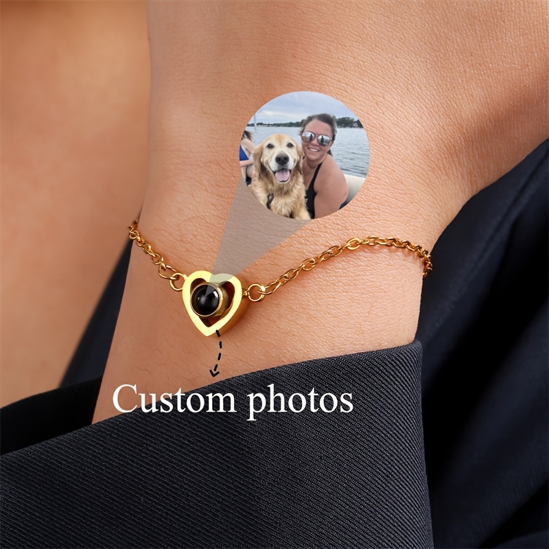 

1pc Custom Stainless Steel Photo Projection Heart Bracelet, Personalized Picture Engraved Hip Hop Tribal Style, 18k Golden Plated, Versatile For Weddings & Sports, Ideal Valentine's Gift, Wear