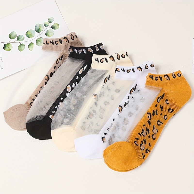 

5 Pairs Leopard Print Socks, Thin & Breathable Glass Silk Ankle Socks, Women's Stockings & Hosiery