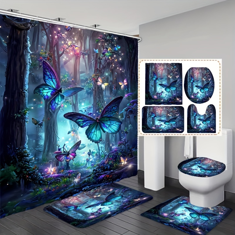 

1/3/4pcs Butterfly Forest Pattern Shower Curtain Set, Waterproof Bathroom Partition Curtain With Hooks, Non-slip Bath Rug, Toilet U-shape Mat, Toilet Lid Cover Mat, Bathroom Accessories