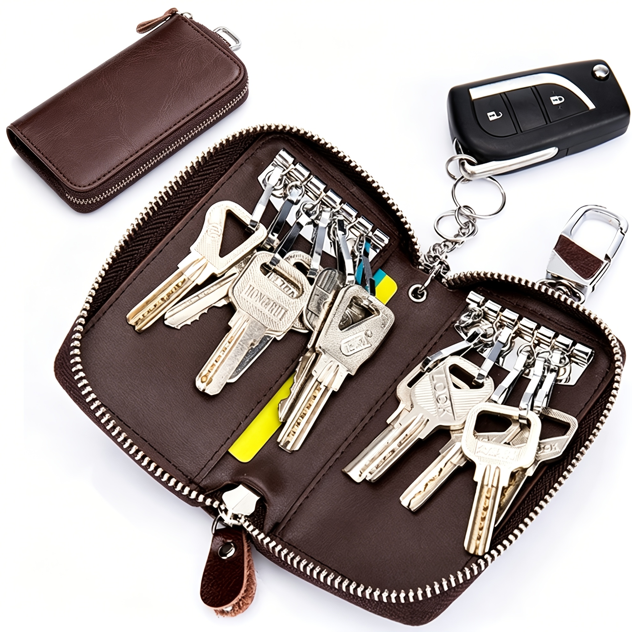 Portachiavi In Pelle Genuina, Portafogli Con Tasche, Portachiavi Unisex Con Anello Portachiavi E Chiusura A Scatto
