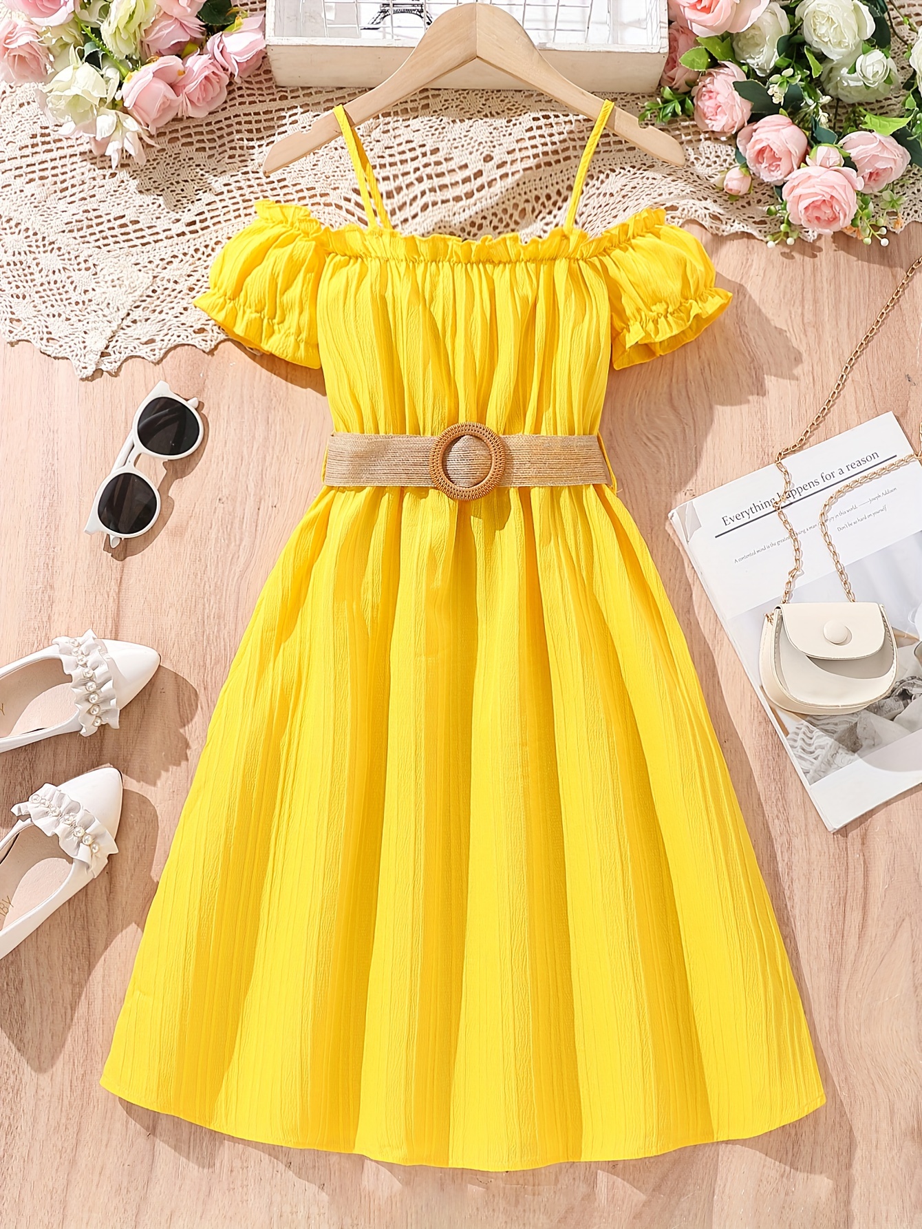 Elegant Solid Puff Sleeve Off Shoulder Dress For Girls Comfy Trendy Summer Dresses Ideal For Casual Holiday Gift