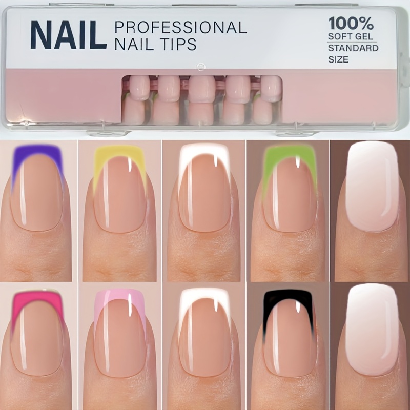 240pcs Short Square Nails Press On Nails, French Nail Stickers, Pink Gradient Powder, Full Coverage Glossy For ' , Use, Holiday Gifts, Travel, Plastic Storage Box, Jelly Glue And Nail Files