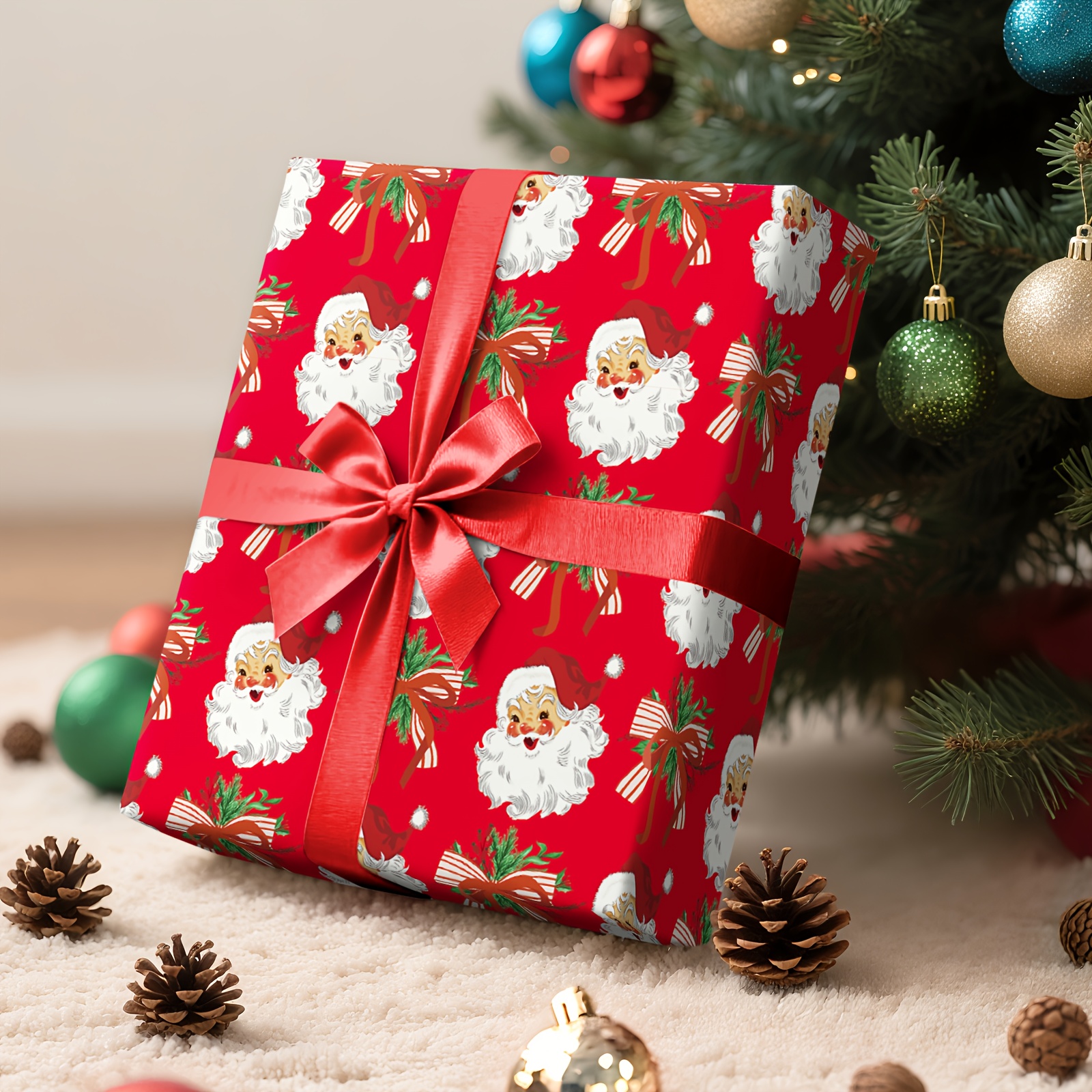 Image of 1 Roll Christmas Wrapping Paper | Red Background With Santa Claus Heads And Bow Bouquets Pattern For Gift Wrapping, Holiday Decor, Party Setup, Christmas Tree Decoration - 43 Cm X 500 Cm (17 16.4 Ft)