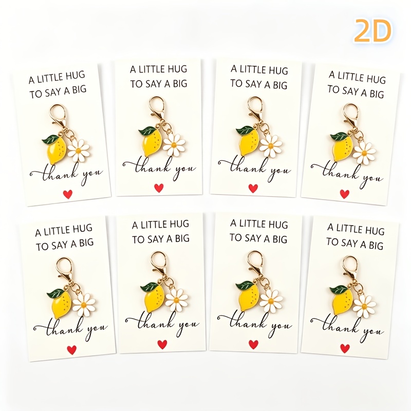Image of 16pcs/8sets Lemon Daisy Thank You Keychain With Greeting Card - A Little Hug To Say Thank You, Cute Enamel Fruit Flower Bag Charm, Appreciation Gift For Colleague Bulk