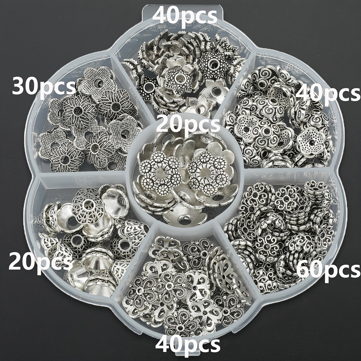 TEMU 250 pcs/boîte Embouts de fleur ajourés, Capuchons pour perles de fleur, Perles d'espacement, Perles libres texturées en trois dimensions, Perles