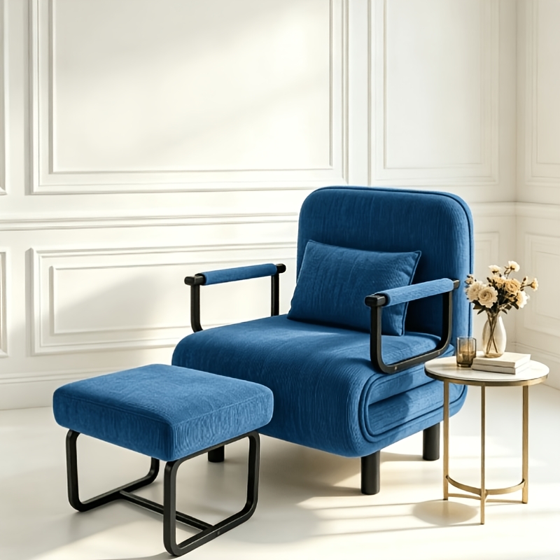 Modern Simple Black Single Sofa Chair With Ottoman, Stable Metal Frame Thickened Velvet Chair With Pillow For Small Space