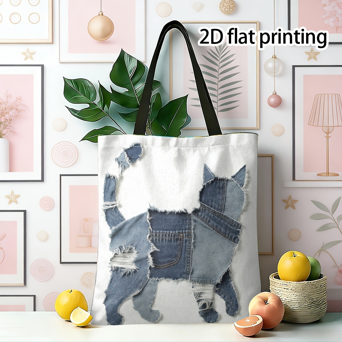 TEMU 【商品名】ジーンズ、猫型、アップサイクリングアート トートバッグ、ノベルプリント カラフル ショルダーバッグ、アウトドア ショッピングに最適、楽しいデザイン、集まりやイベントに、友人や家族へのギフトに最適、二重構造