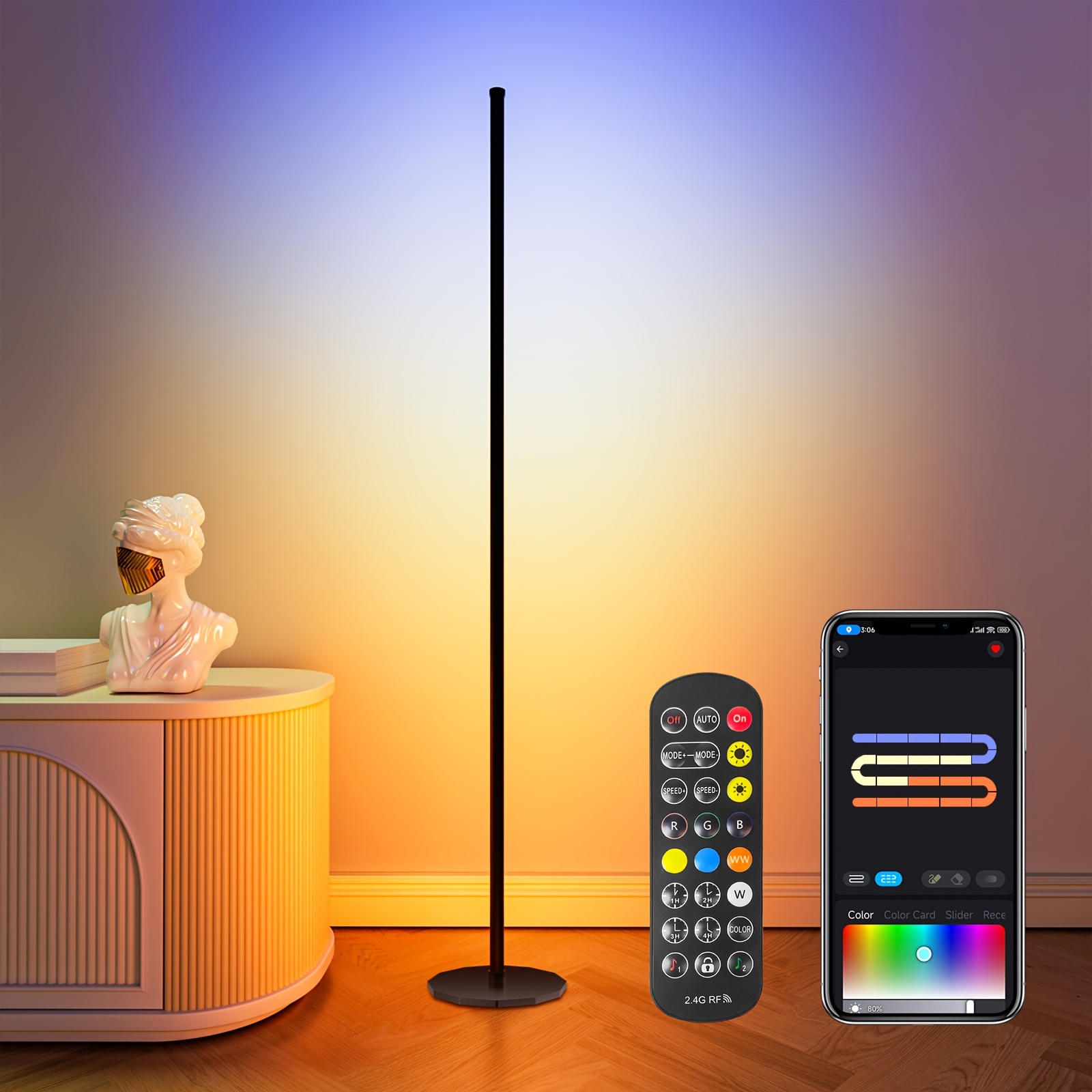 Image of Corner Floor Lamp, Led Floor Lamp Rgb+icw Light With Music Sync 56" Smart Led Corner Lamp App And Remote Color Changing Corner Light For Living Room Bedroom Gaming Rooms 1/2pcs