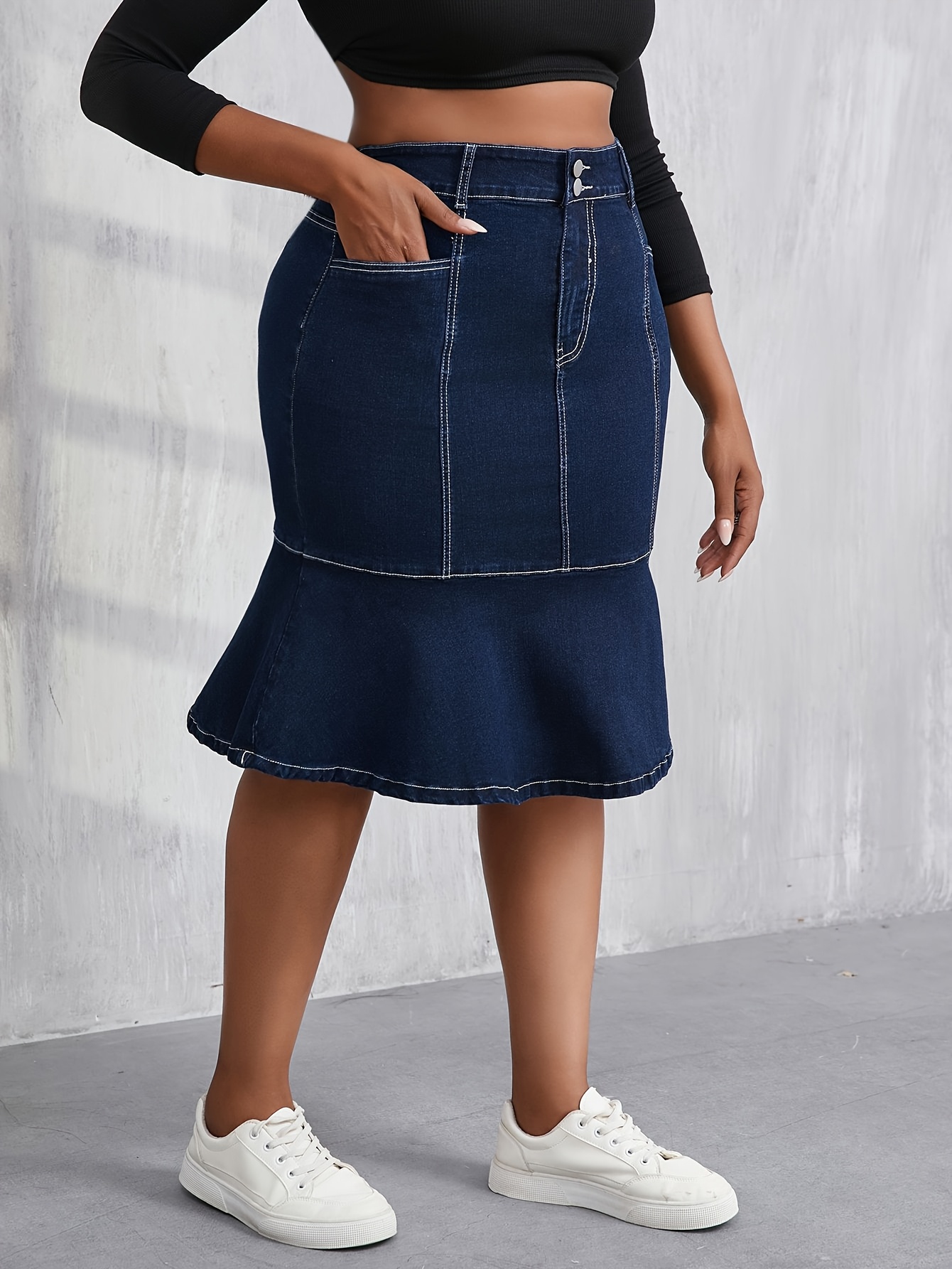 Plus Size Denim Skirt For Women, Blue High Elastic High Waist Women'S Plus  Size Fishtail Skirt, Woven Fabric, Comfortable Street Casual Denim Clothing