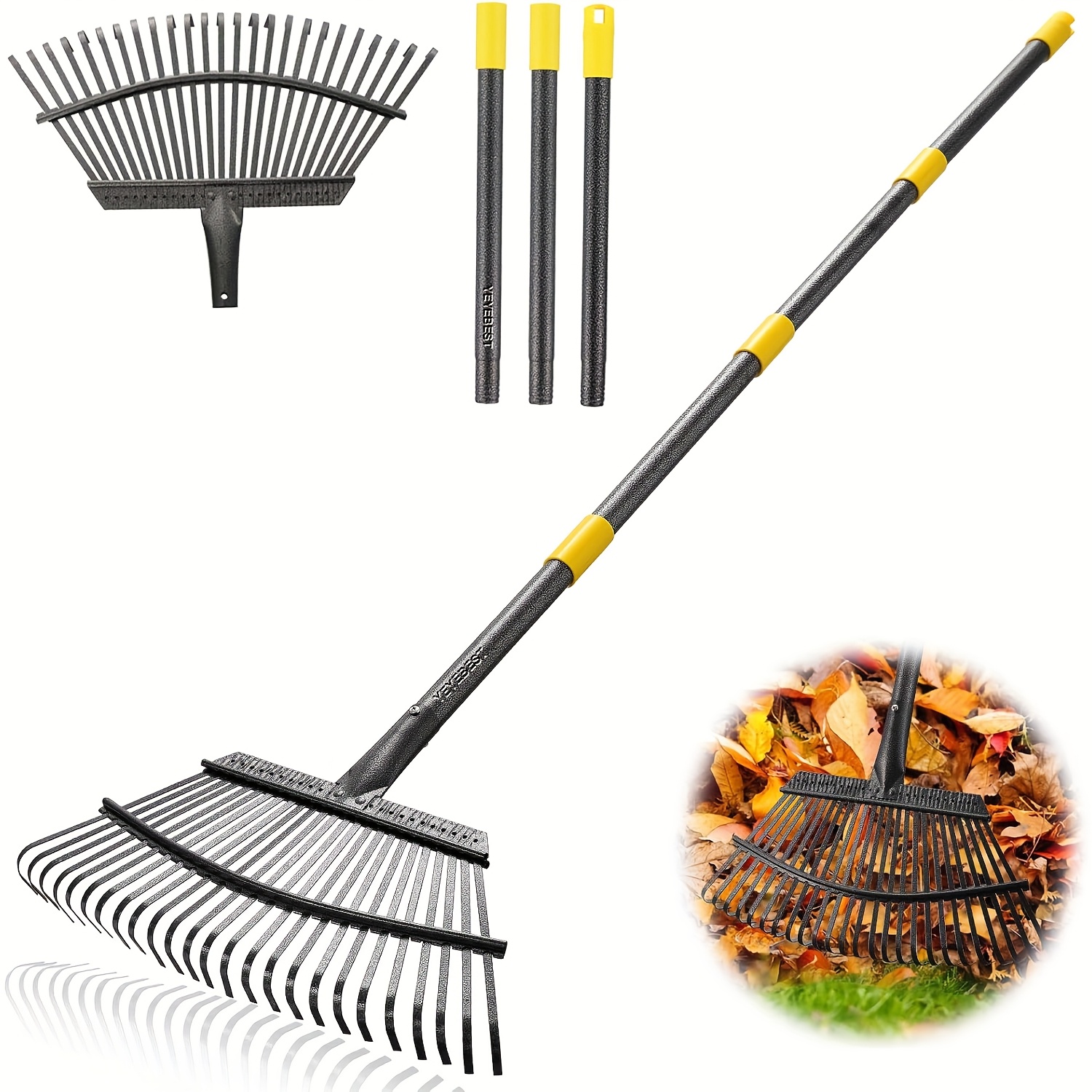 TEMU Yeyebest Garden Rake For Leaves, Heavy Duty 25 Metal Leaf Rake, 36-72 Inch Adjustable Long Handle 18 Inch Rake For Lawns Flower Bed Grass Mulch