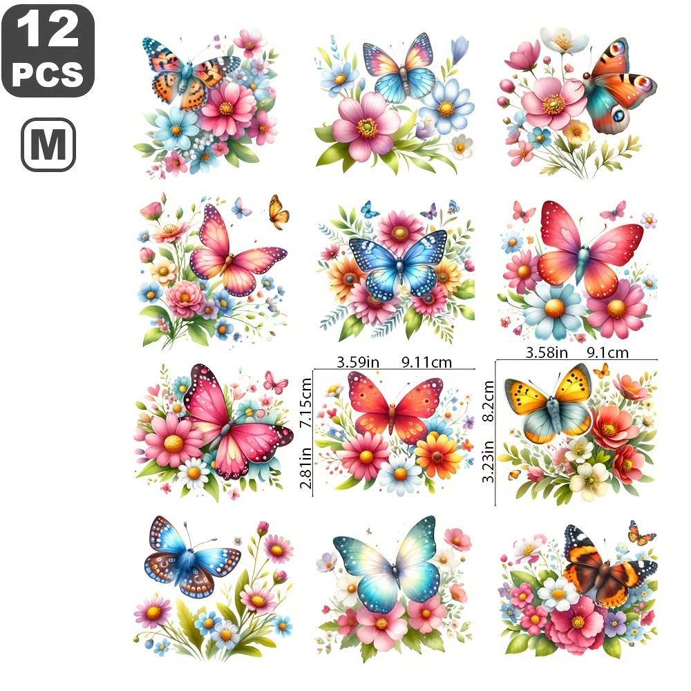 TEMU 12pcs Patchs Ressort à Fleurs Papillons, Idéal pour Vêtements T-Shirts Jeans Sacs à Dos, Autocollants Personnalisés, Style Lavable, Transfert