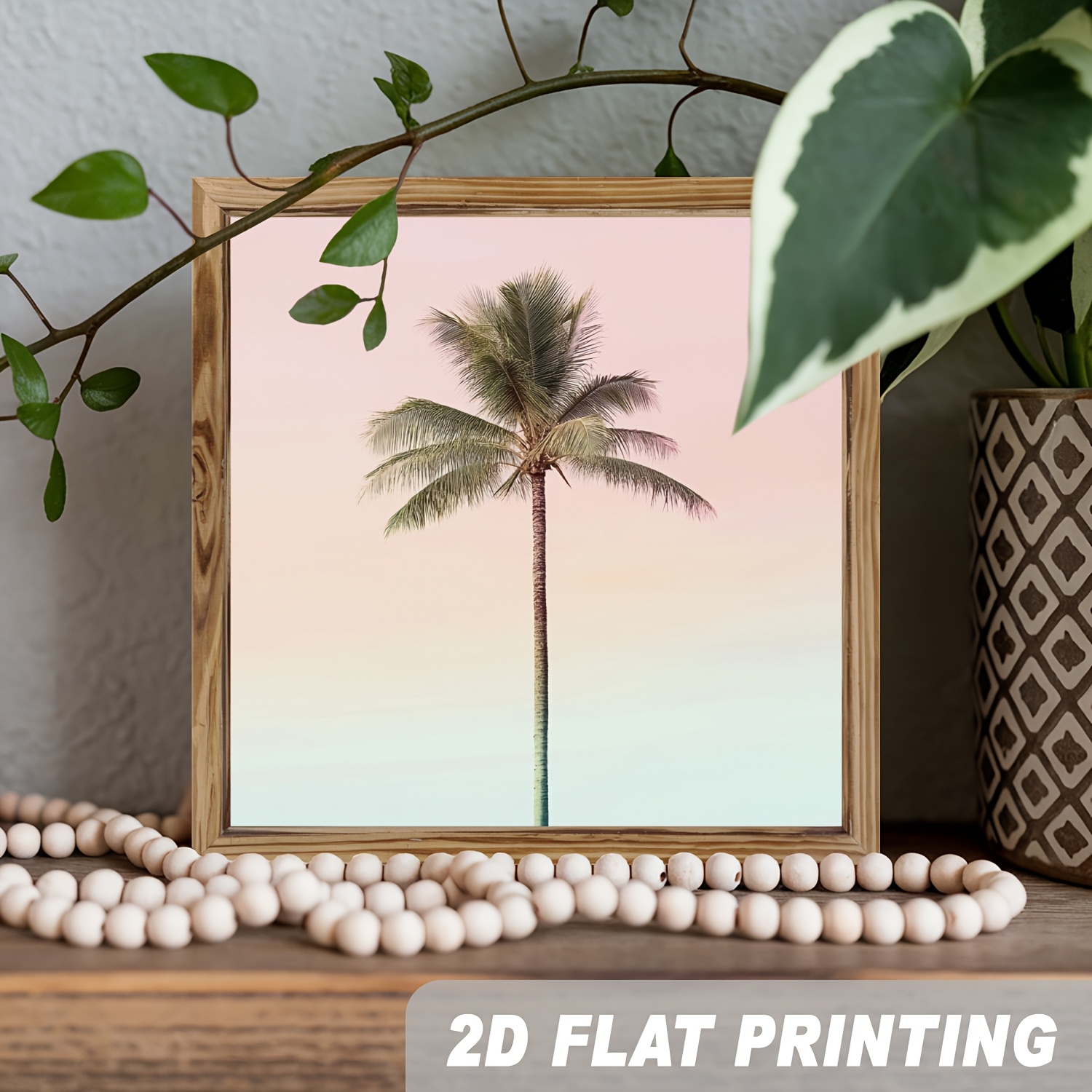 TEMU 2d Flat, 2d Flat, 1pc 2d Flat Featuring A Palm Tree Sunset, Designed As A Wooden Frame Sign. This Beach-themed Wall Art Is Perfect For Romantic