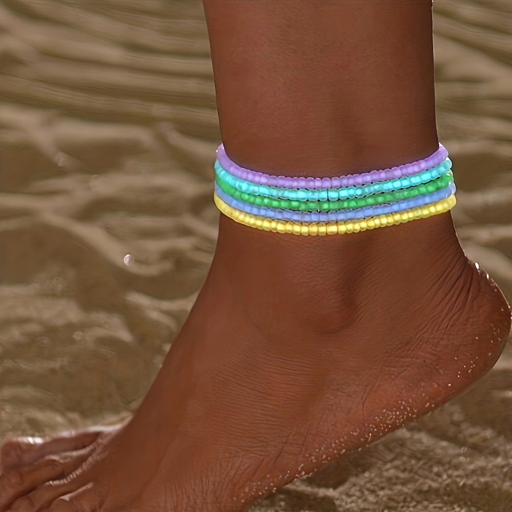 

5pc Colorful Luminous Beads Beaded Anklet Set Simple Style Ankle Bracelet Foot Accessory For Music Festival