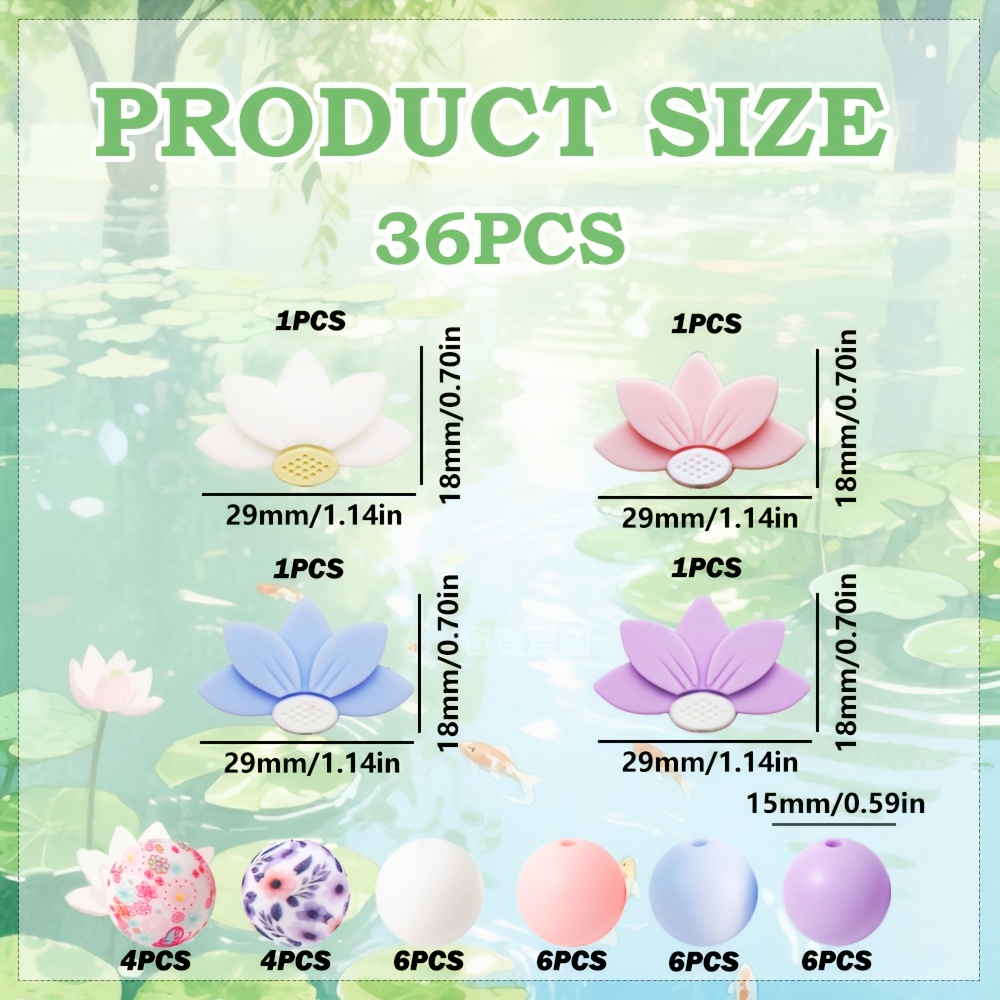 TEMU 36pcs Four-color Flower Beads: White, Pink, Blue, Purple. For Lotus Plant Series Silicone Beads Featuring A For Lotus Design, To The Floral