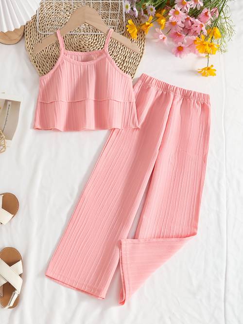 little girls summer plain vest 2pcs set with straight trousers fashionable and elegant childrens clothing outdoor
