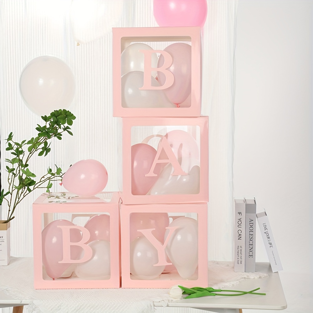 

4 boîtes transparentes de 9,85 pouces avec lettres BABY pour la décoration de fête prénatale, boîtes décoratives carrées en papier, fermeture à rabat, non
