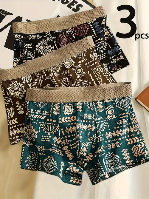 3pcs mens print elastic boxers comfortable and breathable print fabric mixed color set