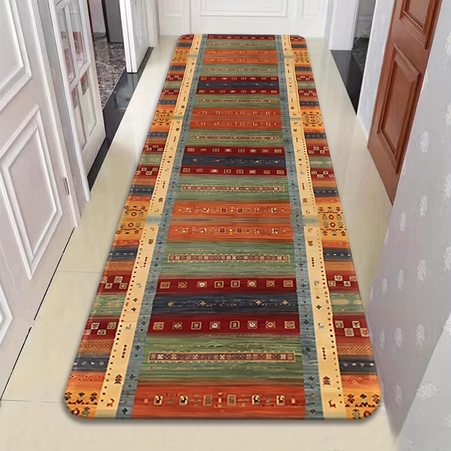 TEMU 1pc Flannel Material Anti-slip Mat, Bohemian Style Colorful Runner Decor Carpet, Machine Washable Non-fading, Suitable For Hallway, Living Room,