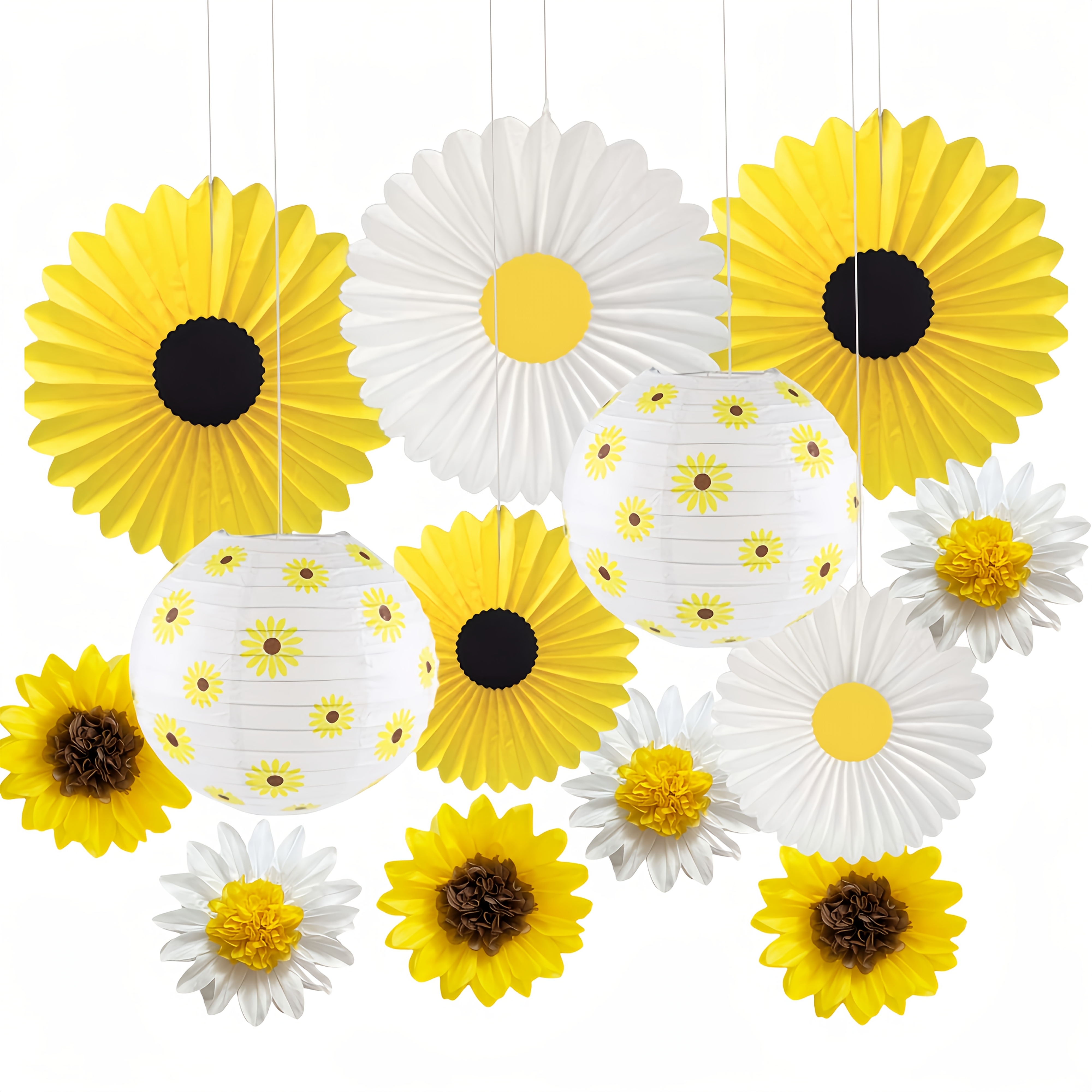 

13pcs Sunflower Lantern And Daisy Paper Pom Pom Set, Party Decorations, Yellow & White, For Birthday, Festivals, Home Decor, Spring, Summer, Fall, Winter, Ramadan, De ,