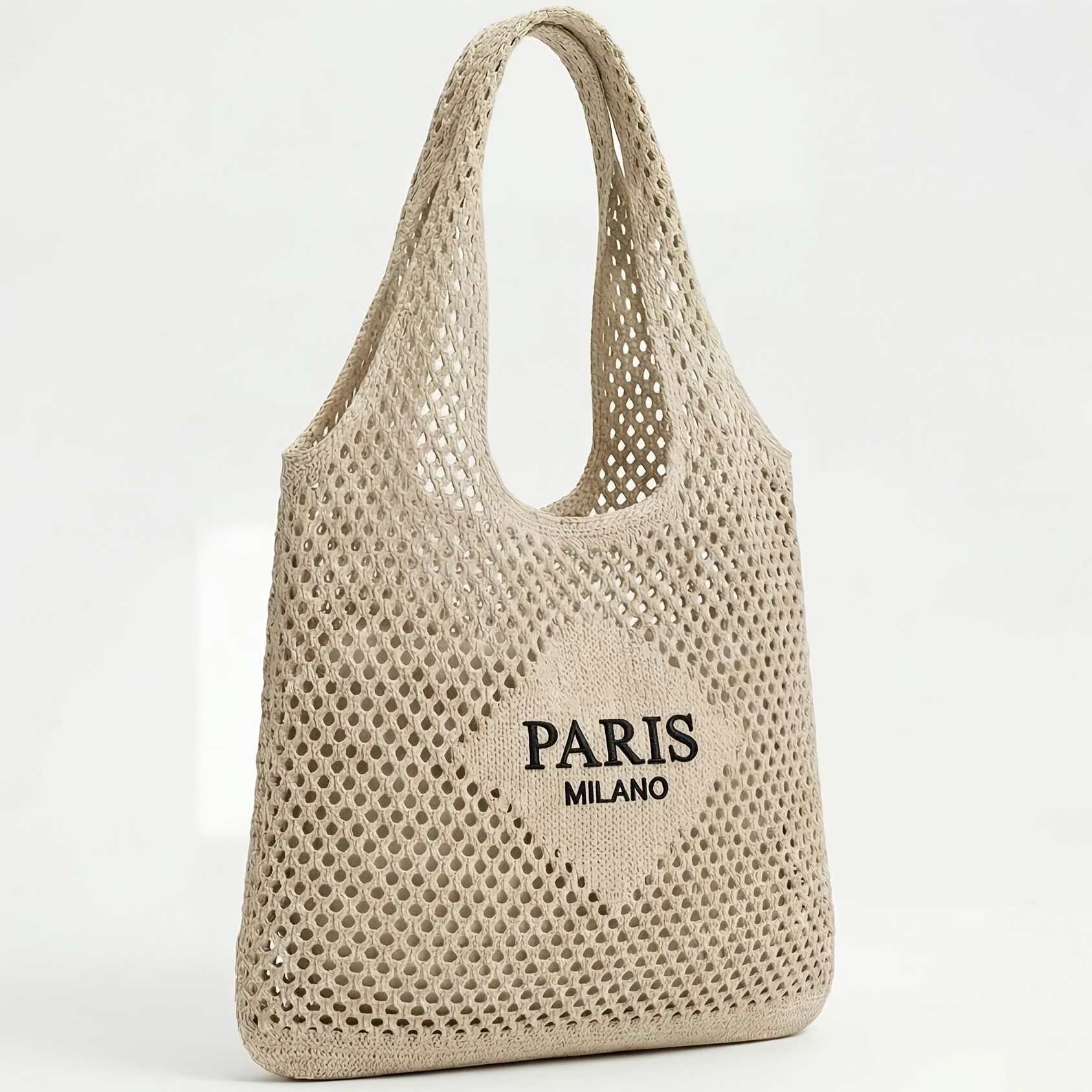 TEMU Women's Tote Bag Hollow Out Knitted Beach Bag Paris Letter Embroidery Cream Khaki And Breathable Vacation Summer Casual Hand Washable Durable