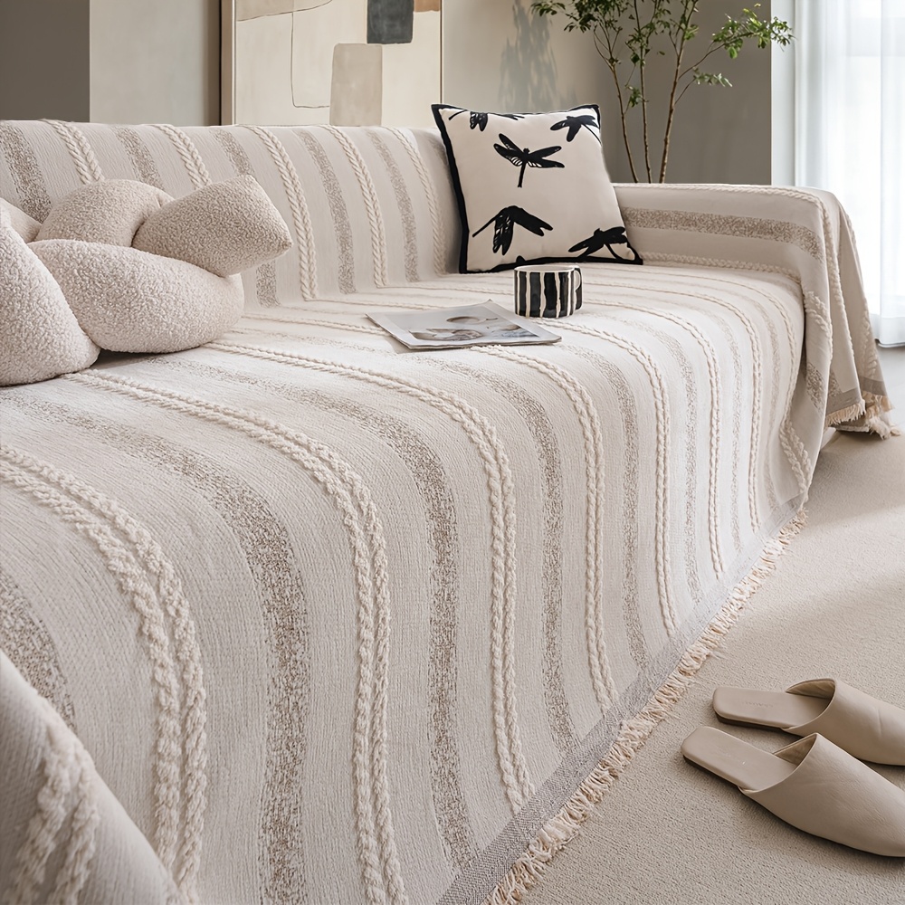 1pc High-GSM Wabi-Sabi Style Twisted Rope Texture Sofa Cover, Textured Full-Coverage Non-Slip Sofa Scarf, Cream-Style Furniture Protector