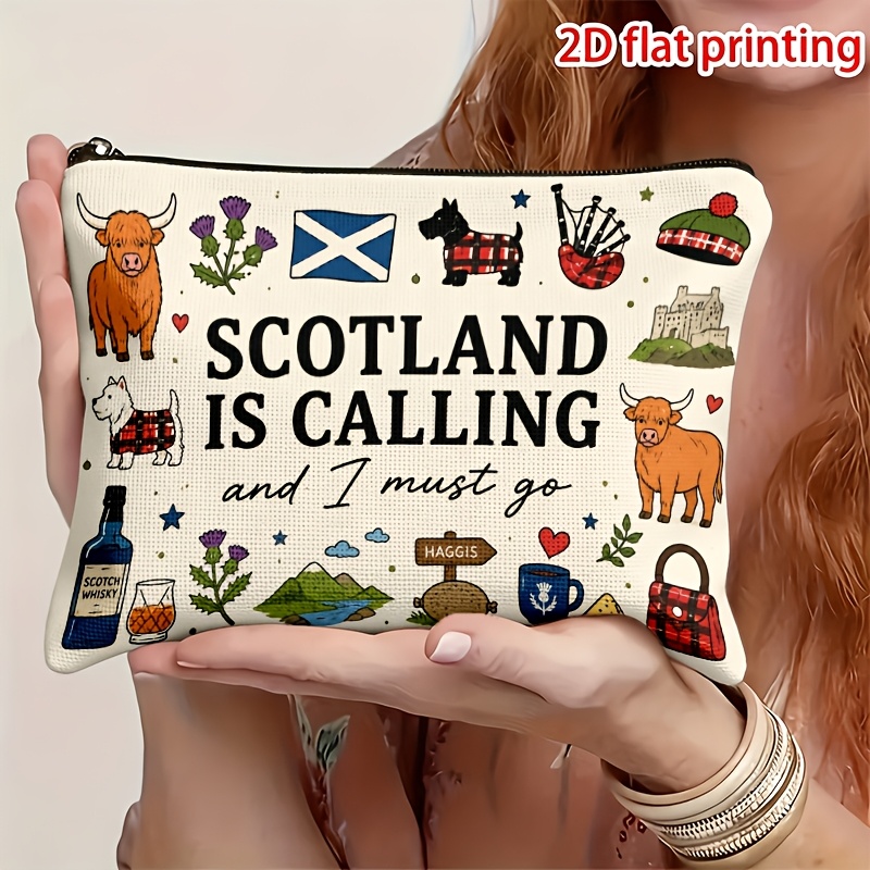 TEMU 1pc 2d Flat Printing Scottish Style Element "scotland Is Calling And I " Slogan Double-sided Printed Makeup Bag, Multi- Organizer, Zipper