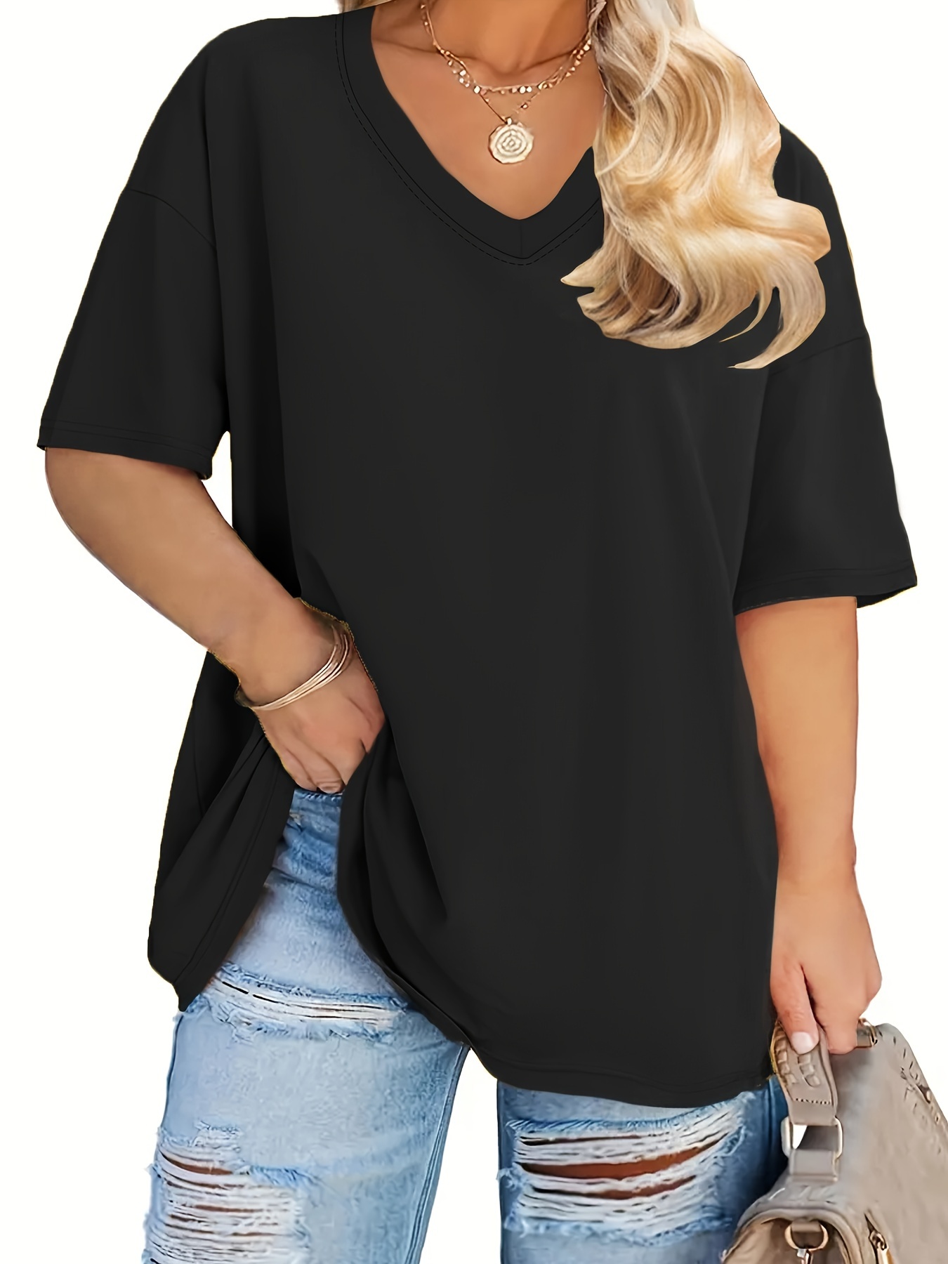 Plus Size Solid Simple Crew Neck T-Shirt, Casual Short Sleeve Top For Spring & Summer, Women's Plus Size Clothing