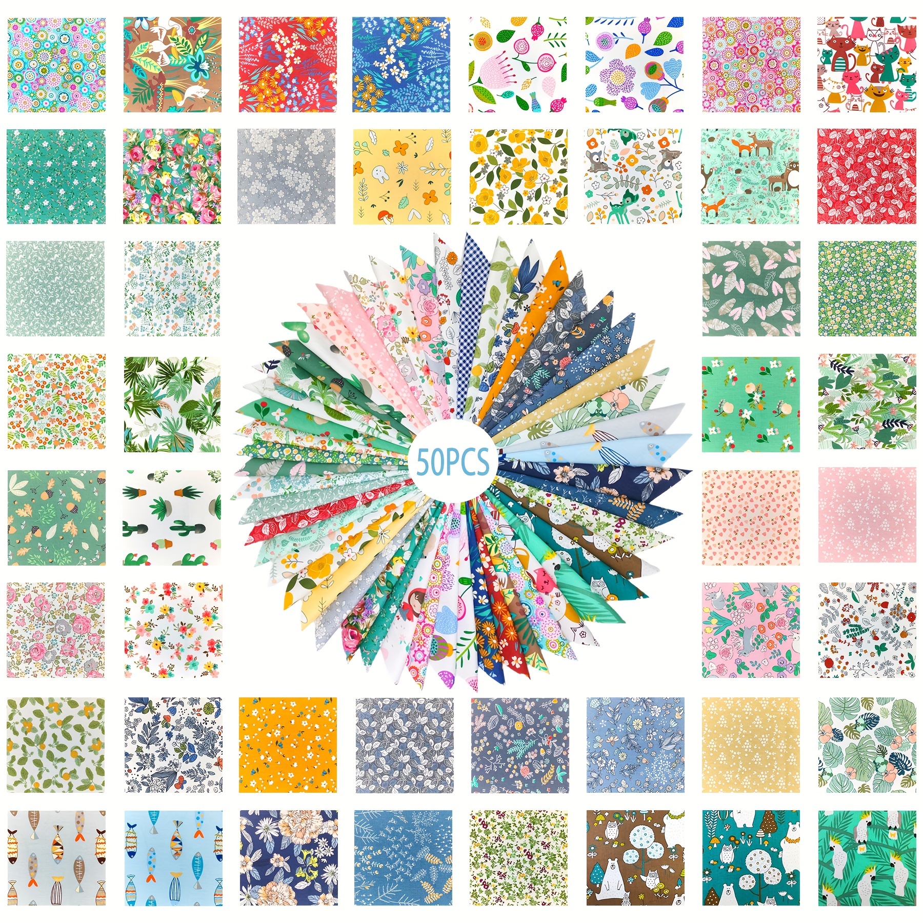 

50-piece Cotton Fabric Bundle - Pre-cut Flower Pattern Quilting Squares For Diy Patchwork, Doll Clothing, And Crafts, 100% Cotton Precuts, Hand Wash Only, Varied Designs, 3 Sizes Available