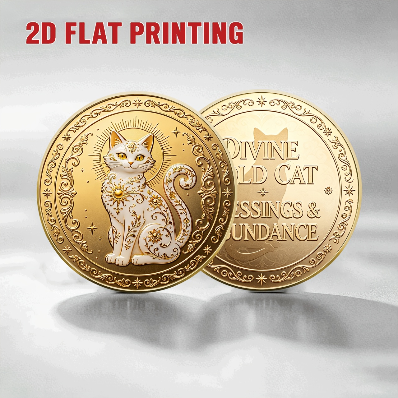TEMU 2d Wealth-attracting Spirit Cat Blessing Commemorative Coin 4cm Flat Printed Alloy Collectible Coin, European Spirit Creative Desktop Ornament,