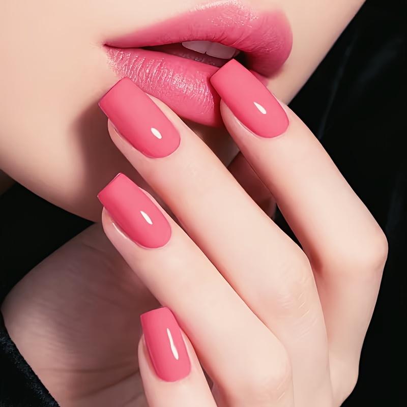 TEMU 24pcs Medium Square Glossy Press-on Nails In Rose Pink, Fashionable And Unique Fake Nails For Women And, Suitable For Holidays, Parties, And