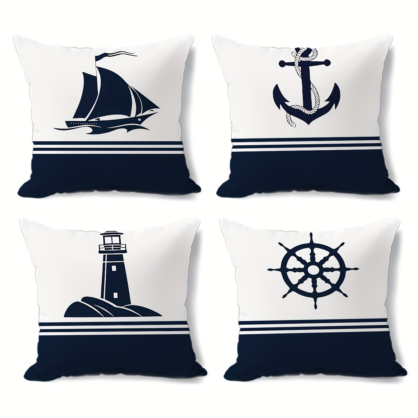 TEMU Set Of 4 Ocean-themed Throw Pillow Covers Featuring Designs Of Ship Wheels, Sailboats, Anchors, And Compasses - Modern Zippered Polyester