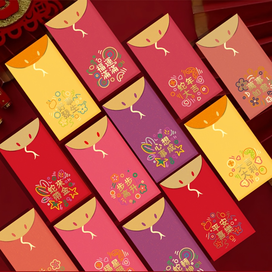 

12/24pcs Chinese New Year Red Envelopes, Cartoon Pattern, Double-sided Design, Trendy , With Invitation Pocket, For Snake Year 2025, Universal Recipient, New Year Greetings