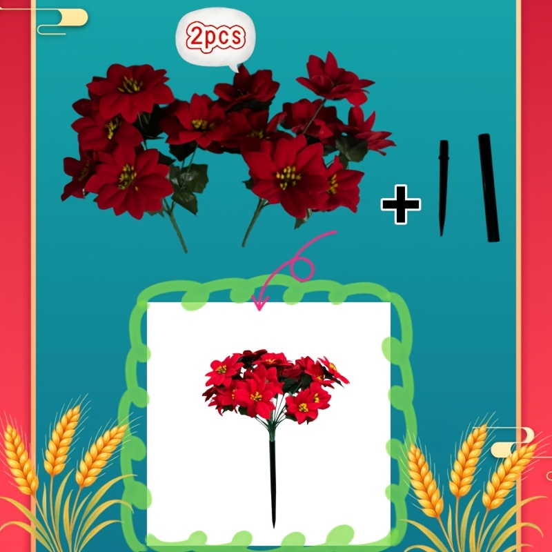 TEMU 2pcs Artificial Red Rose With Ground Plug, Floral Decoration, Plastic Green Plant, For Holiday Decor - Plastic Christmas Flowers, Suitable For
