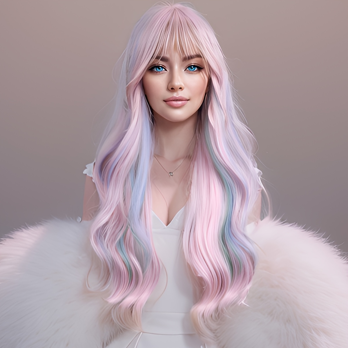 E-shop Mehrfarbige Perücke mit Pony, Damen-Perücke in gemischten Farben, hitzebeständige Synthetikperücke für den Cosplay (26 Zoll)