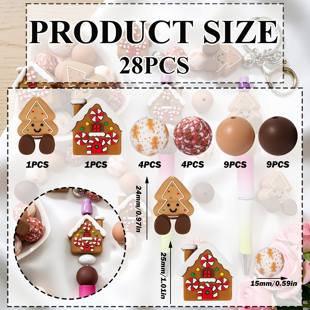 TEMU Lot de 28 perles en sur le thème de Noël pain d'épices, avec des chics de maison en pain d'épices et de gnome sapin de Noël, inclut des perles